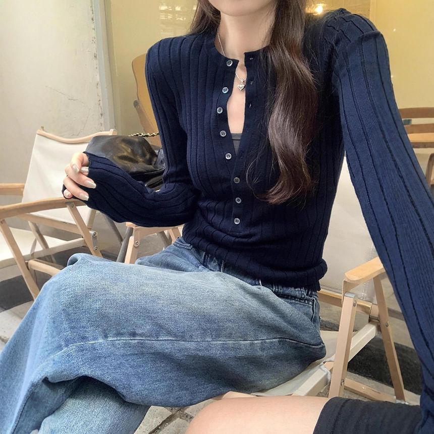 Ribbed-Knit Top with Half-Button Placket and Long Sleeves