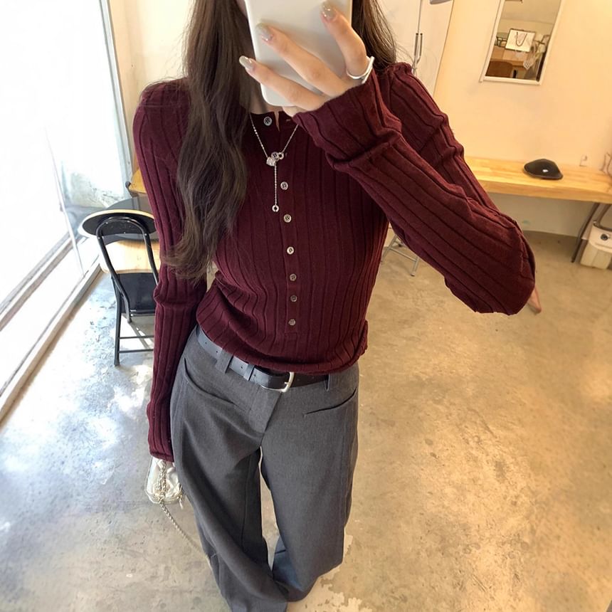 Ribbed-Knit Top with Half-Button Placket and Long Sleeves