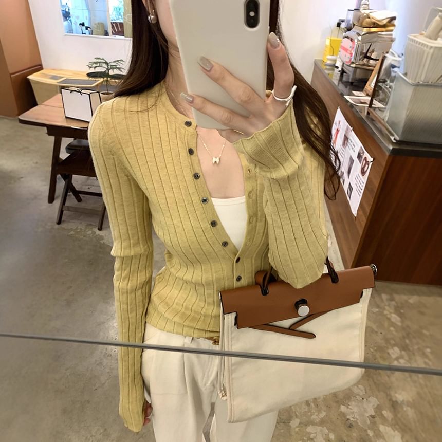 Ribbed-Knit Top with Half-Button Placket and Long Sleeves