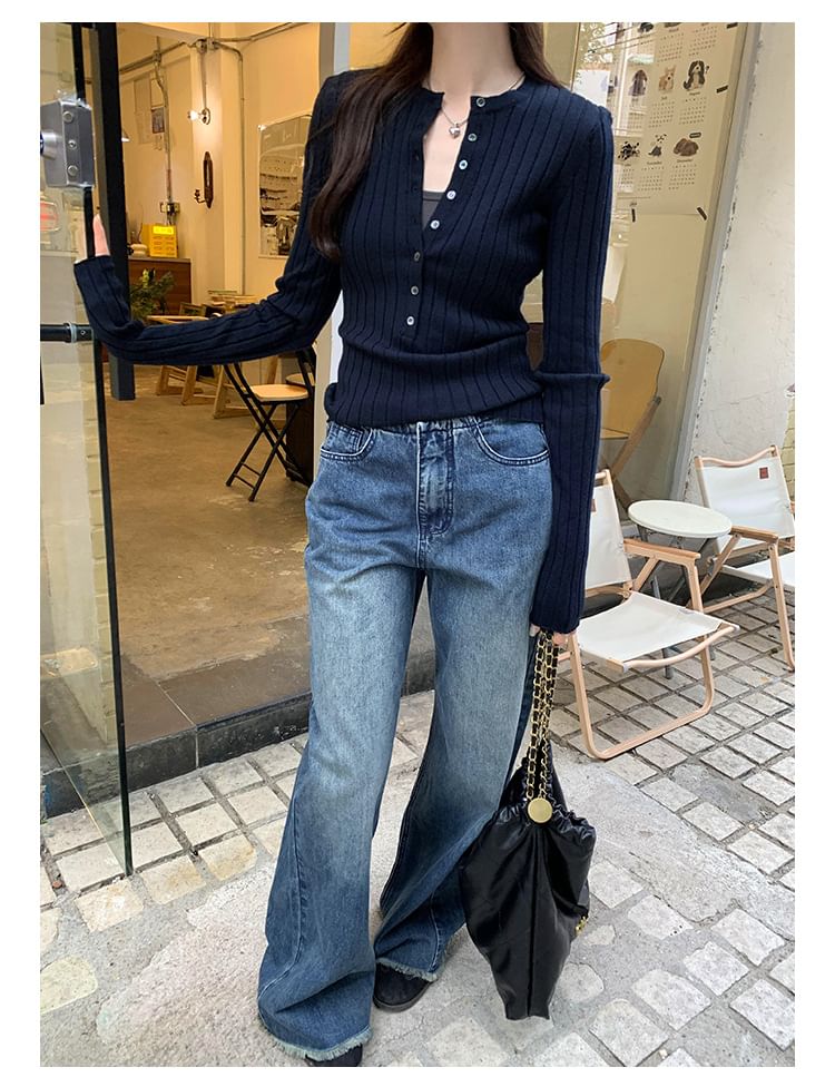 Ribbed-Knit Top with Half-Button Placket and Long Sleeves