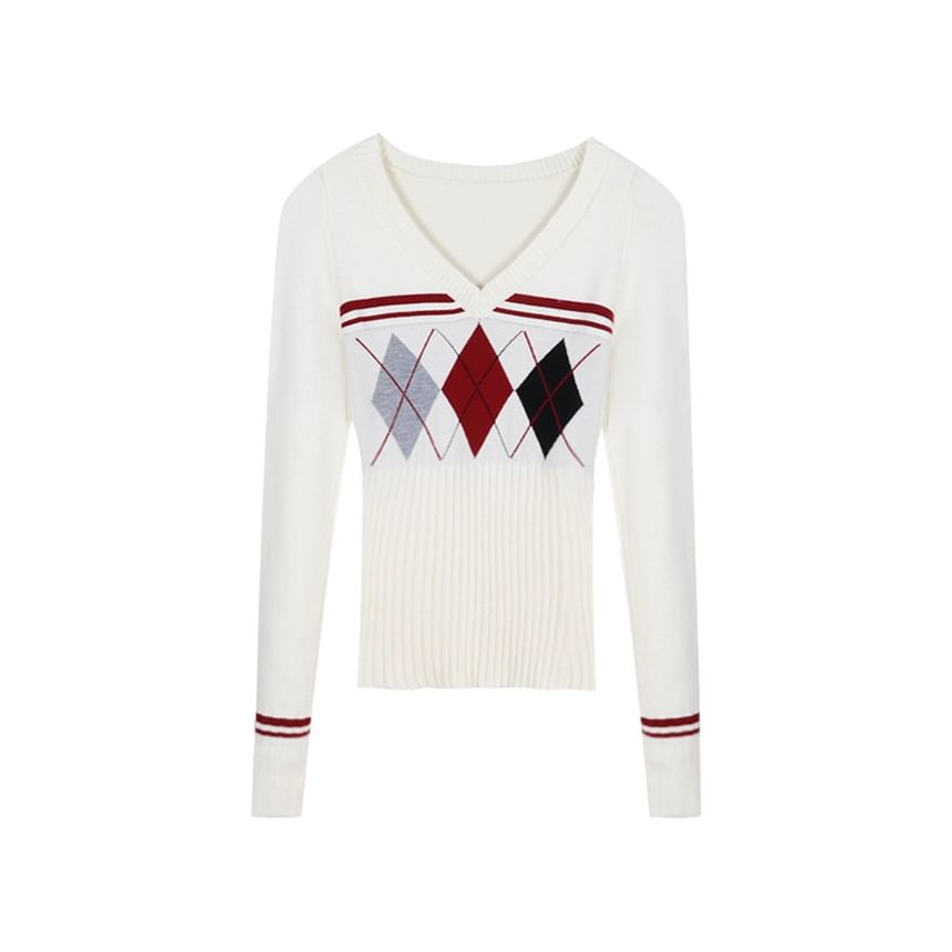 Argyle-Patterned Slim-Fit V-Neck Sweater with Long Sleeves