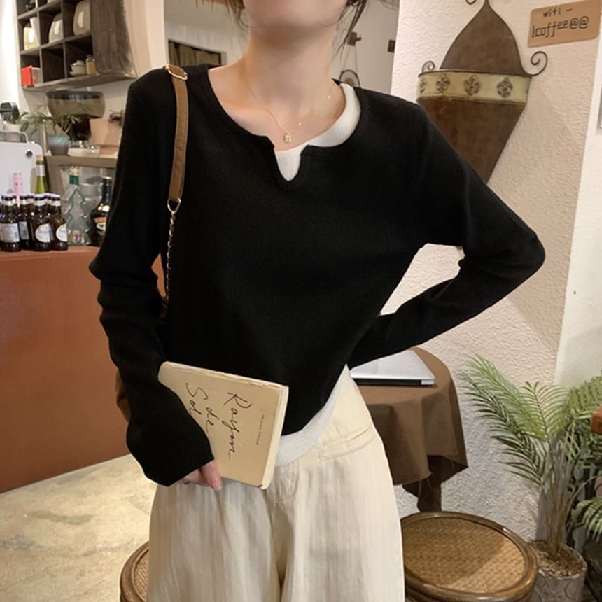 Loose-Fit Color-Block Sweater with Mock Two-Piece V-Neck and Long Sleeves