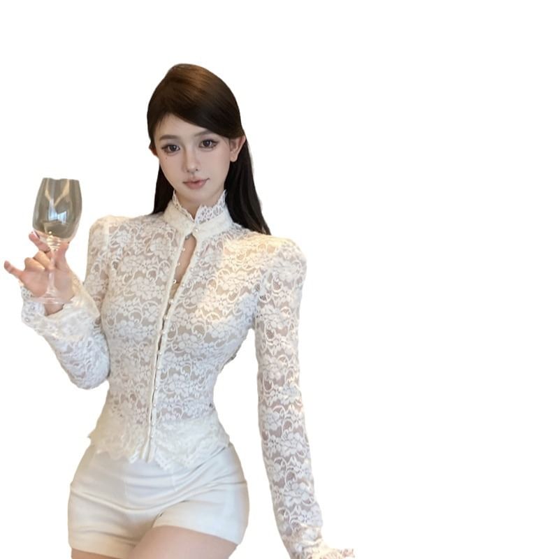 Two-Piece Set: Lace-Trimmed Fitted Top with Band Collar & Long Sleeves + Cami