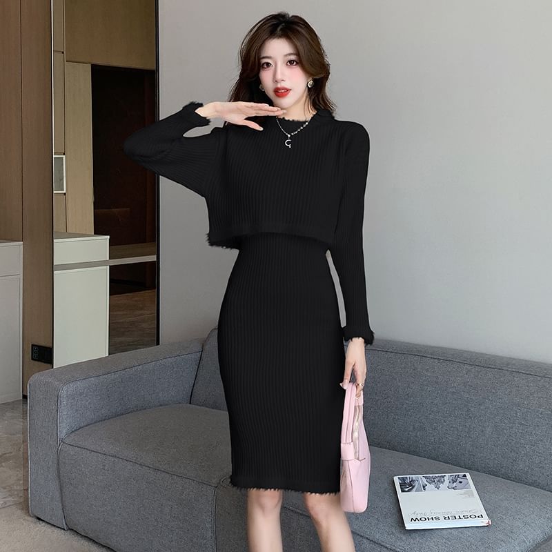 Matching Set: Ribbed Knit Top with Mock Neck & Long Sleeves + Pencil Skirt with Elastic Waist