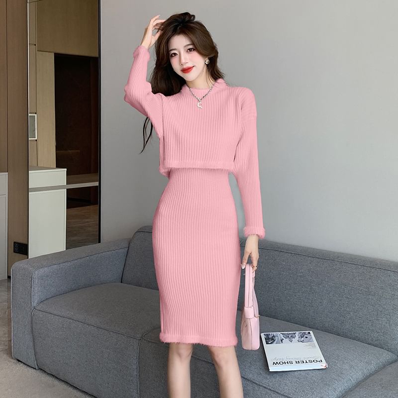 Matching Set: Ribbed Knit Top with Mock Neck & Long Sleeves + Pencil Skirt with Elastic Waist