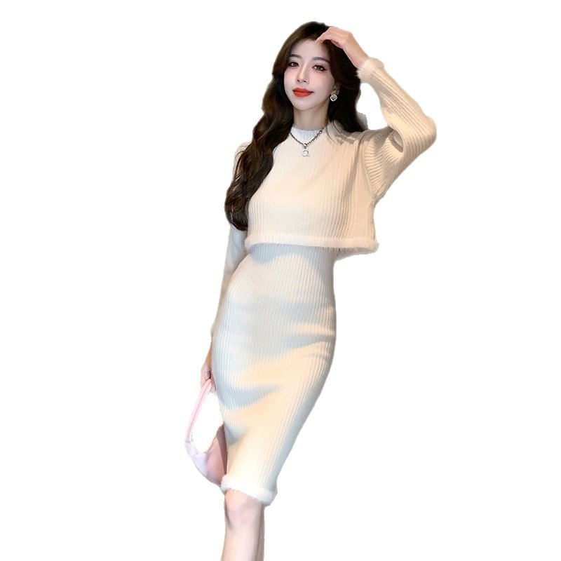 Matching Set: Ribbed Knit Top with Mock Neck & Long Sleeves + Pencil Skirt with Elastic Waist