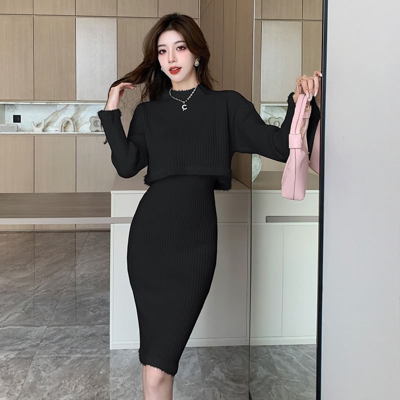 Matching Set: Ribbed Knit Top with Mock Neck & Long Sleeves + Pencil Skirt with Elastic Waist