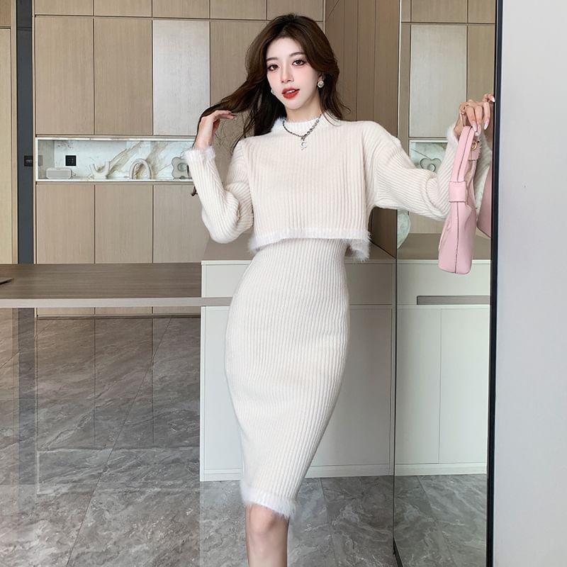 Matching Set: Ribbed Knit Top with Mock Neck & Long Sleeves + Pencil Skirt with Elastic Waist