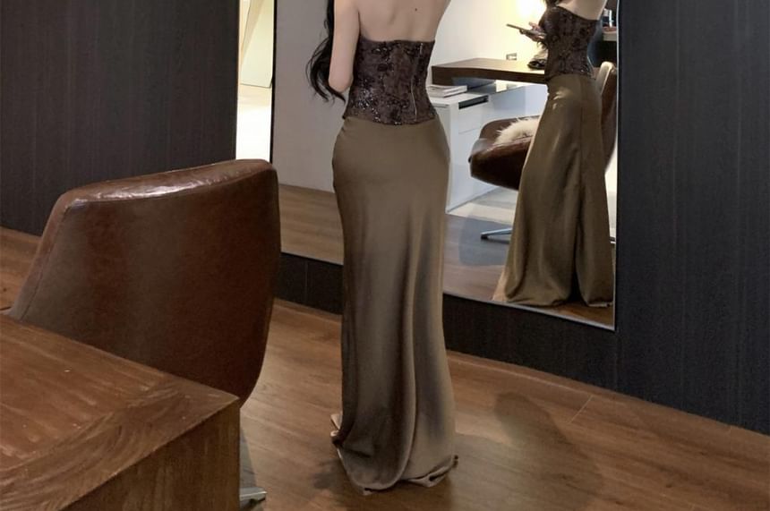 Lace Corset Top with High Waist Maxi Pencil Skirt