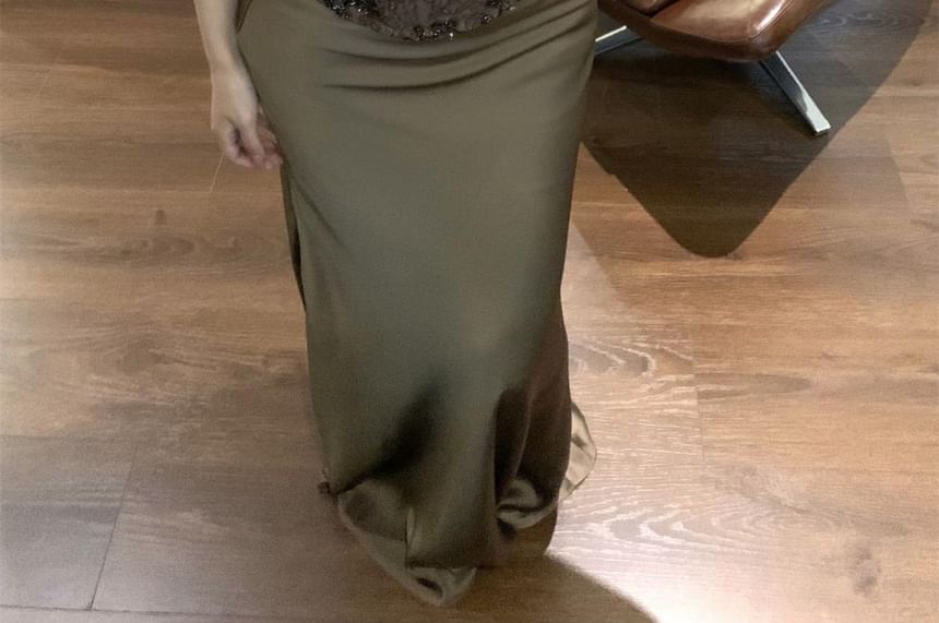 Lace Corset Top with High Waist Maxi Pencil Skirt