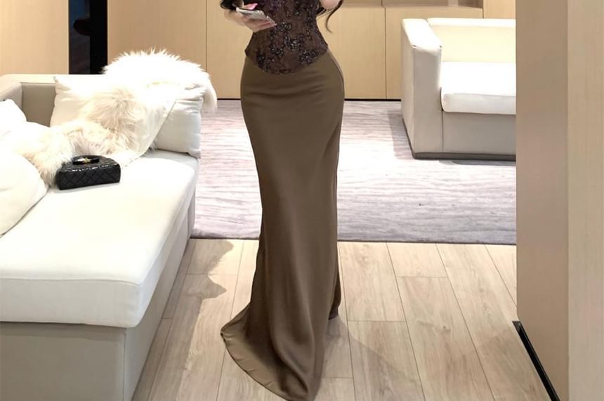 Lace Corset Top with High Waist Maxi Pencil Skirt