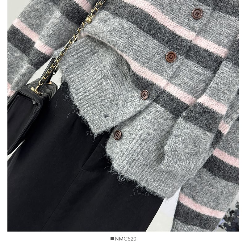 Long Sleeve Crew Neck Striped Cardigan with Scarf