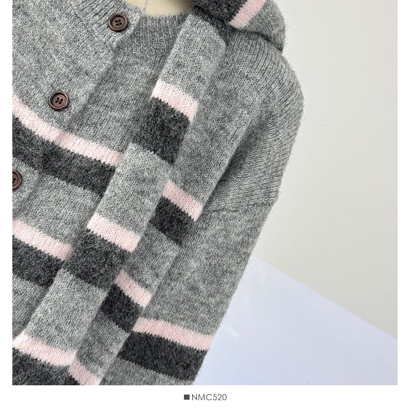 Long Sleeve Crew Neck Striped Cardigan with Scarf