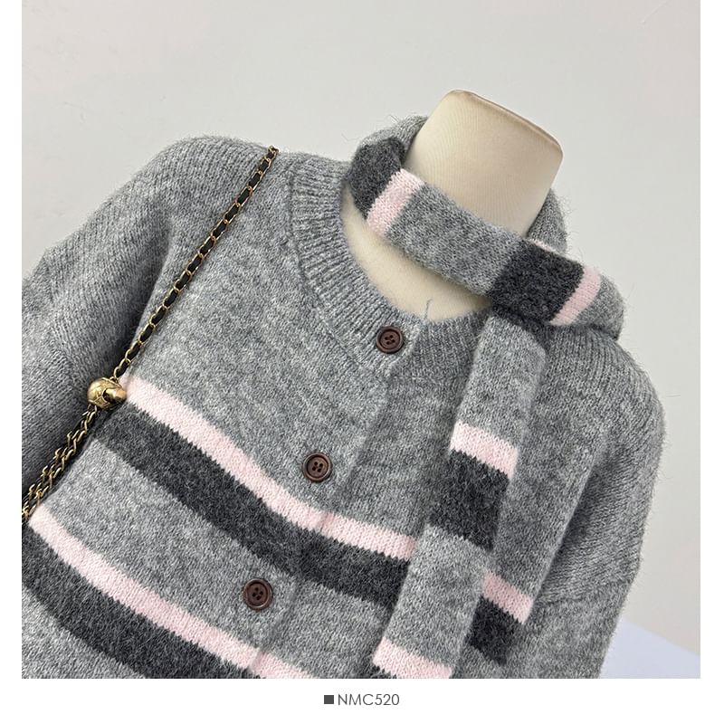 Long Sleeve Crew Neck Striped Cardigan with Scarf