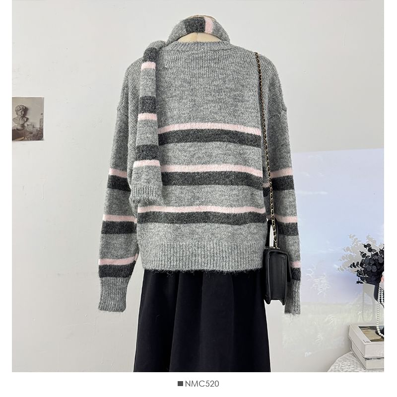 Long Sleeve Crew Neck Striped Cardigan with Scarf