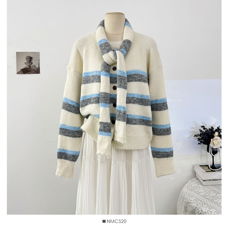 Long Sleeve Crew Neck Striped Cardigan with Scarf