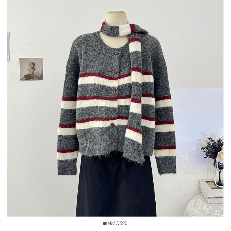 Long Sleeve Crew Neck Striped Cardigan with Scarf