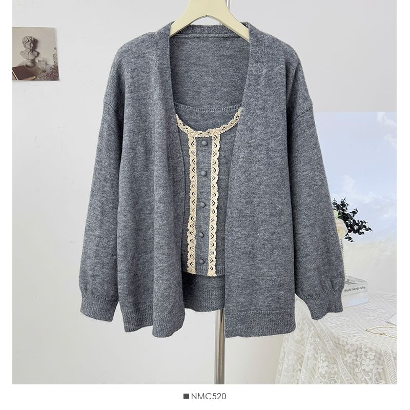 Set: Scoop Neck Lace-Trim Knit Camisole Top + Long Sleeve Plain Cardigan