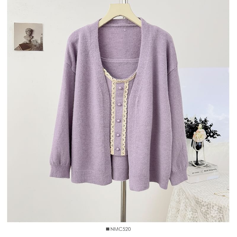 Set: Scoop Neck Lace-Trim Knit Camisole Top + Long Sleeve Plain Cardigan