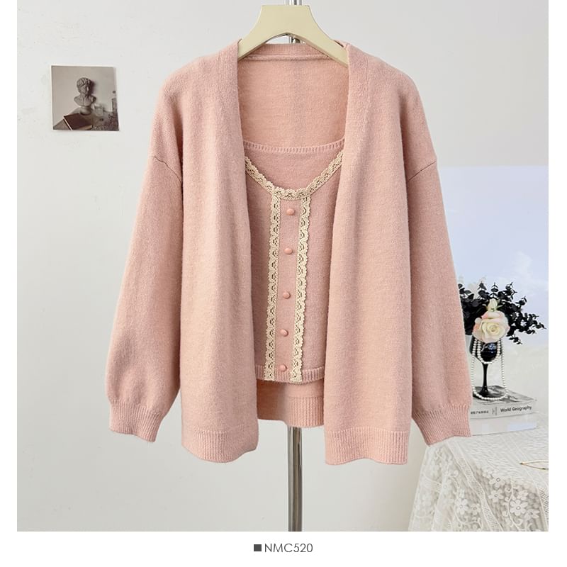 Set: Scoop Neck Lace-Trim Knit Camisole Top + Long Sleeve Plain Cardigan