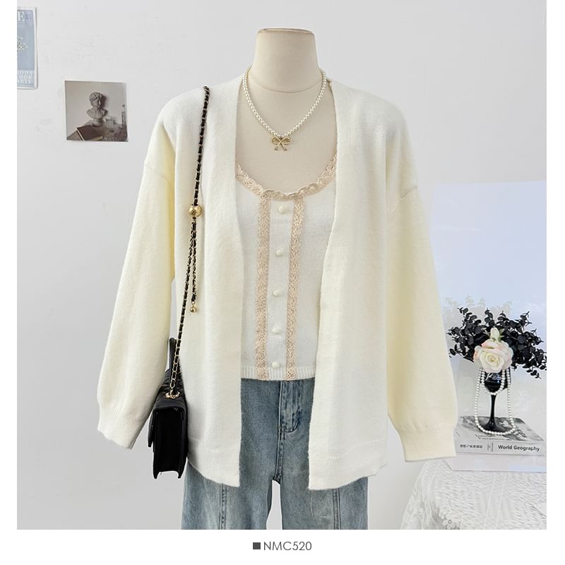 Set: Scoop Neck Lace-Trim Knit Camisole Top + Long Sleeve Plain Cardigan