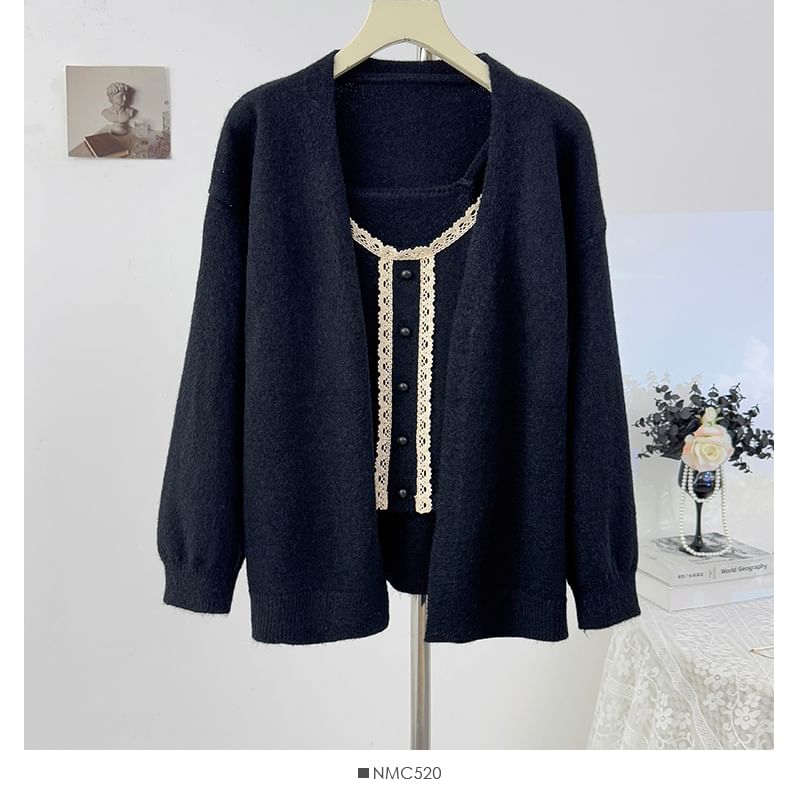 Set: Scoop Neck Lace-Trim Knit Camisole Top + Long Sleeve Plain Cardigan