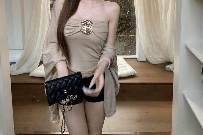 Bell-Sleeve Shrug + Cropped Tube Top, Two-Piece Layered Set