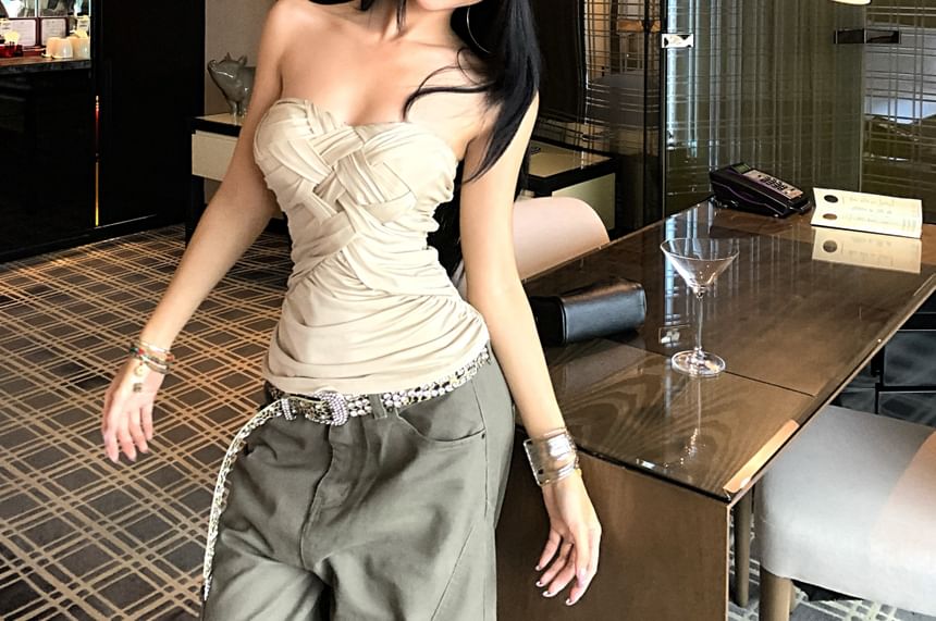 Solid-Colored Wrapped Tube Top, Strapless Style with Twist Front Detail