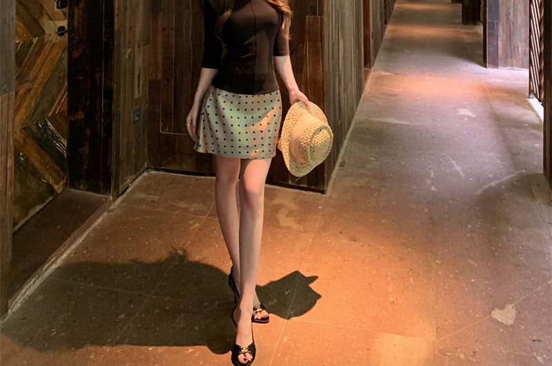 Solid Knit Top with Elbow-Length Sleeves + Polka Dot Mini Skirt, Two-Piece Set