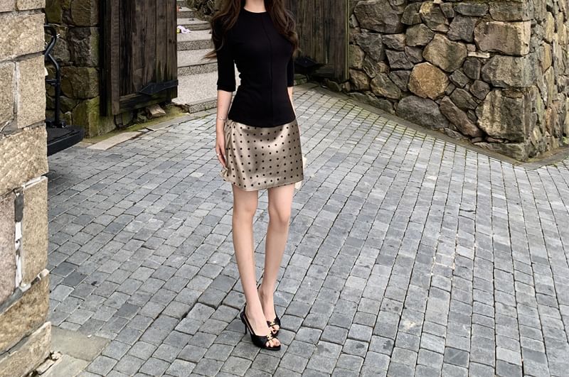 Solid Knit Top with Elbow-Length Sleeves + Polka Dot Mini Skirt, Two-Piece Set