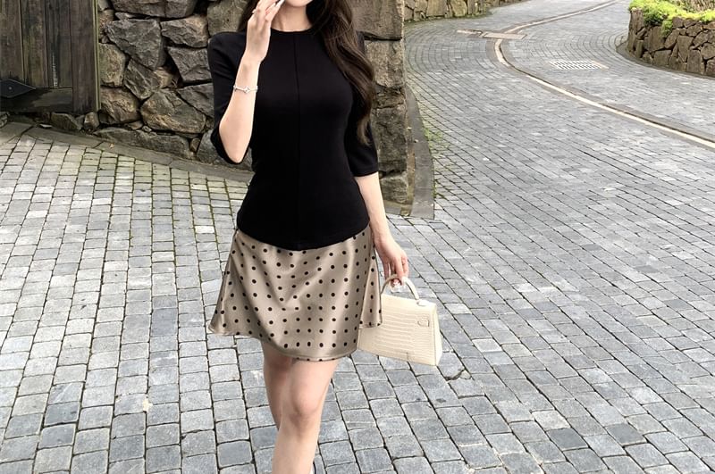 Solid Knit Top with Elbow-Length Sleeves + Polka Dot Mini Skirt, Two-Piece Set