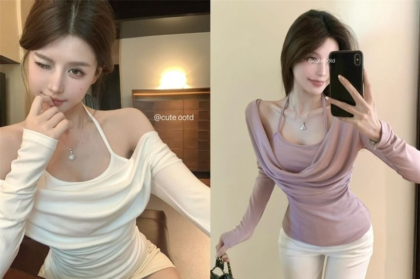 Illusion Two-Piece Top with Halter Neckline, Long Sleeves & Solid Color Design