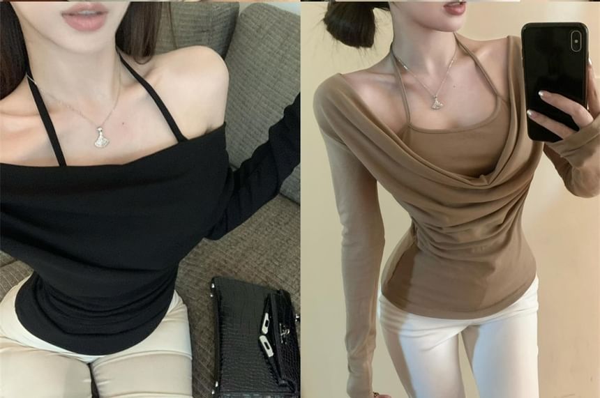 Illusion Two-Piece Top with Halter Neckline, Long Sleeves & Solid Color Design