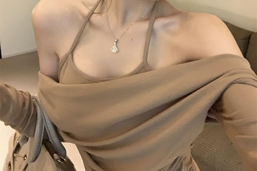 Illusion Two-Piece Top with Halter Neckline, Long Sleeves & Solid Color Design