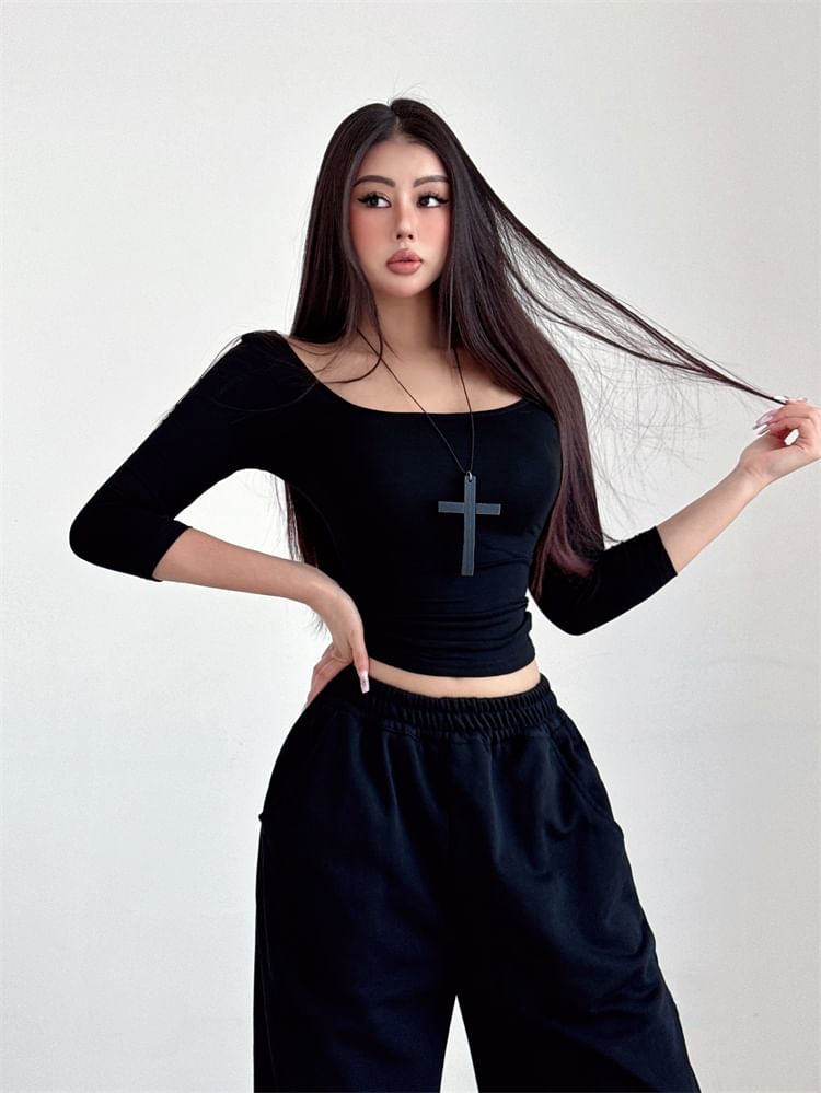 Shirred Scoop-Neck Tee in Solid Color, Multiple Styles Available
