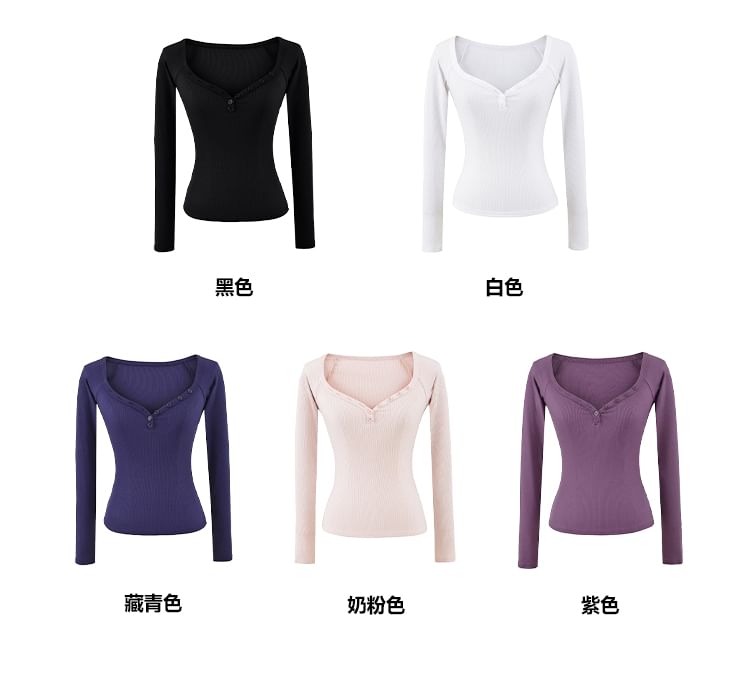 Solid-Colored Henley Top with Open Shoulder Design & Long Sleeves