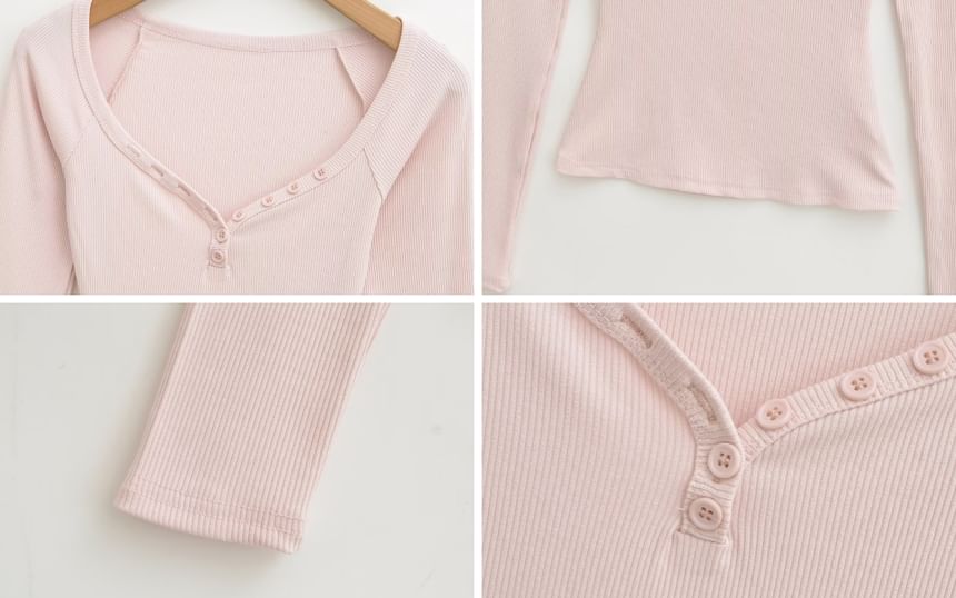 Solid-Colored Henley Top with Open Shoulder Design & Long Sleeves