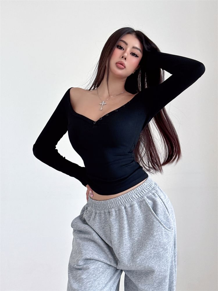 Solid-Colored Henley Top with Open Shoulder Design & Long Sleeves