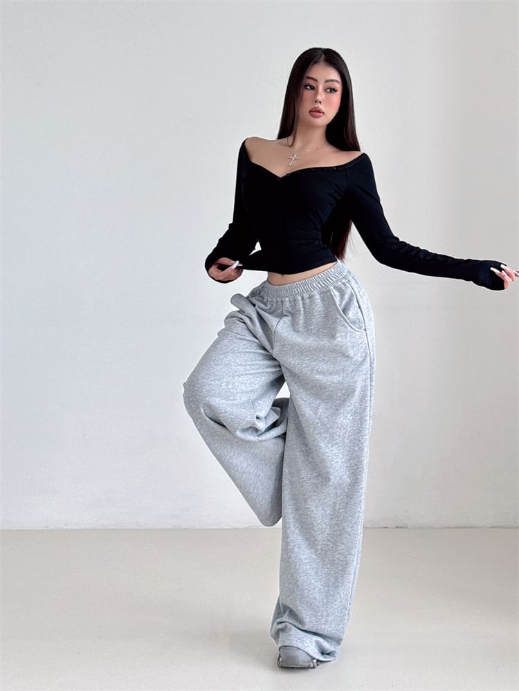 Solid-Colored Henley Top with Open Shoulder Design & Long Sleeves