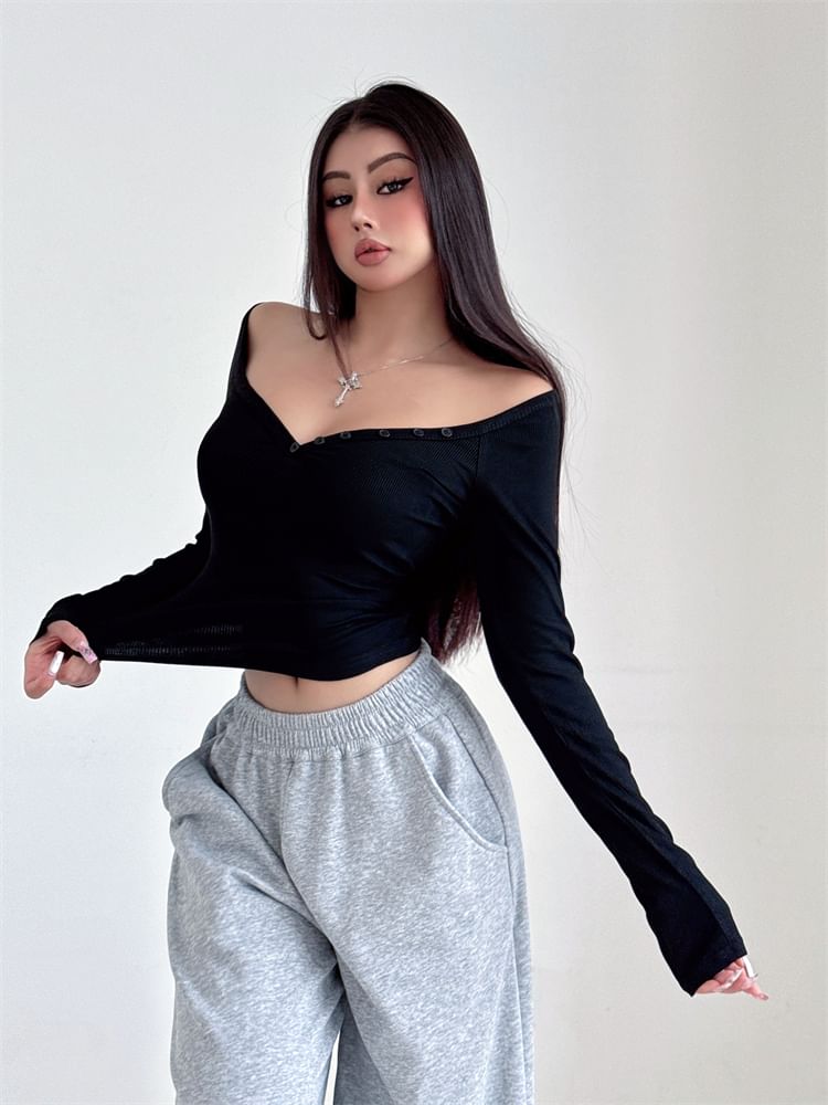 Solid-Colored Henley Top with Open Shoulder Design & Long Sleeves