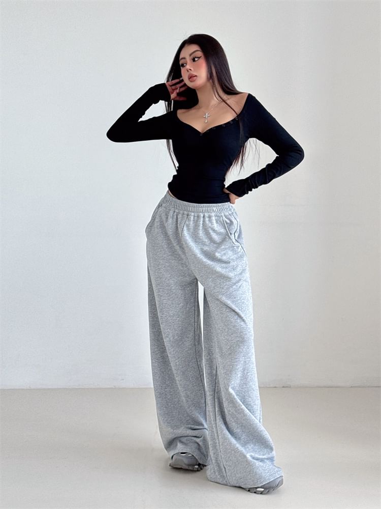 Solid-Colored Henley Top with Open Shoulder Design & Long Sleeves