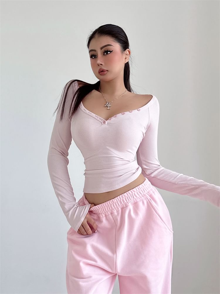 Solid-Colored Henley Top with Open Shoulder Design & Long Sleeves