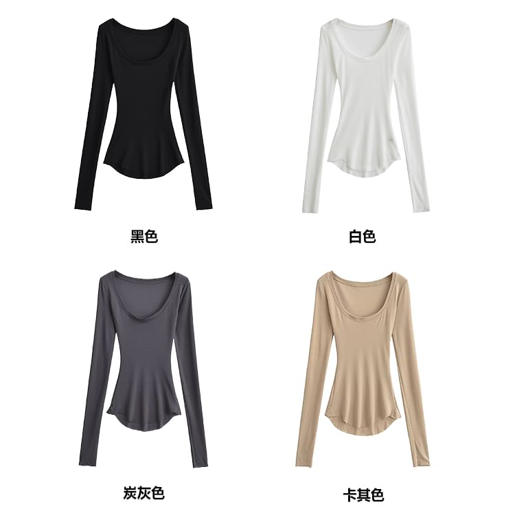 Solid-Colored T-Shirt with Square Neckline & Long Sleeves, Basic Style