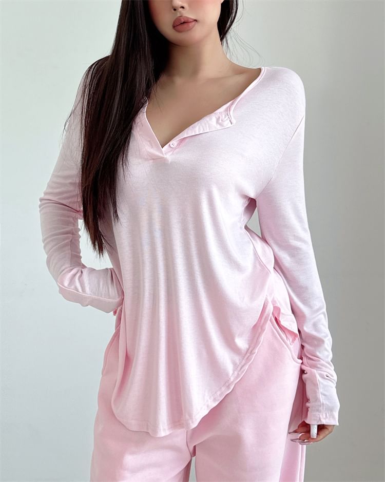 Solid Henley T-Shirt with Extended Sleeves, Classic Buttoned Placket