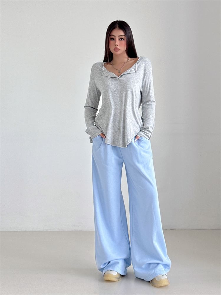 Solid Henley T-Shirt with Extended Sleeves, Classic Buttoned Placket