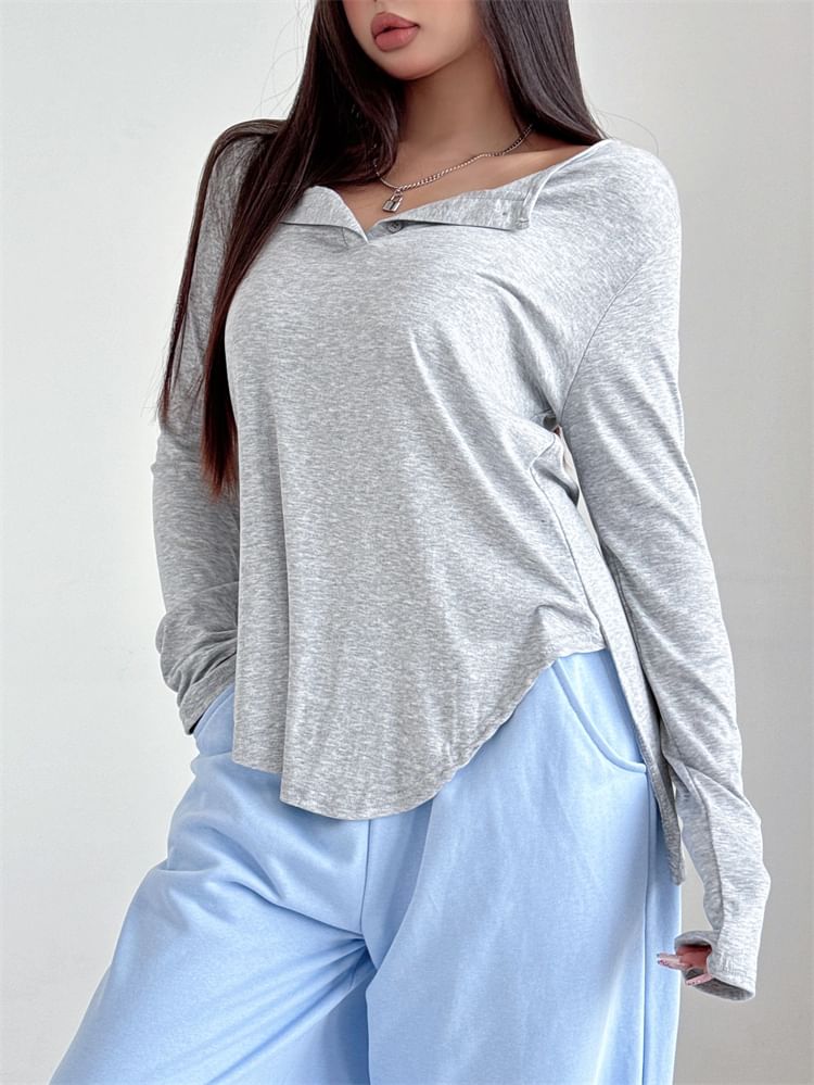 Solid Henley T-Shirt with Extended Sleeves, Classic Buttoned Placket