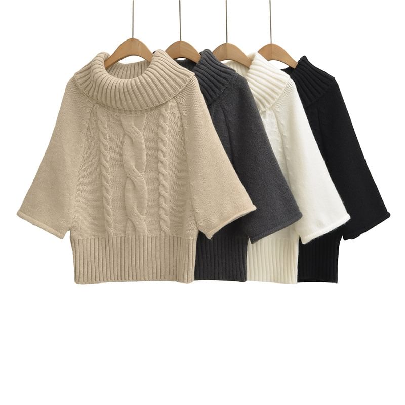 Solid Cable-Knit Sweater with Turtleneck & Three-Quarter Sleeves, Cozy Pullover