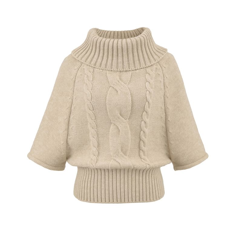 Solid Cable-Knit Sweater with Turtleneck & Three-Quarter Sleeves, Cozy Pullover