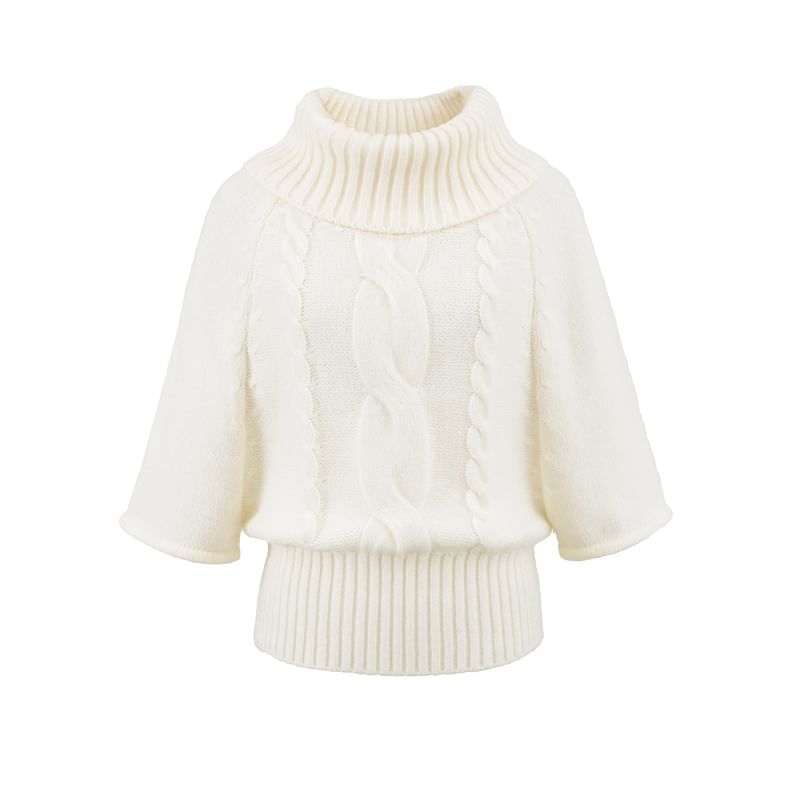 Solid Cable-Knit Sweater with Turtleneck & Three-Quarter Sleeves, Cozy Pullover