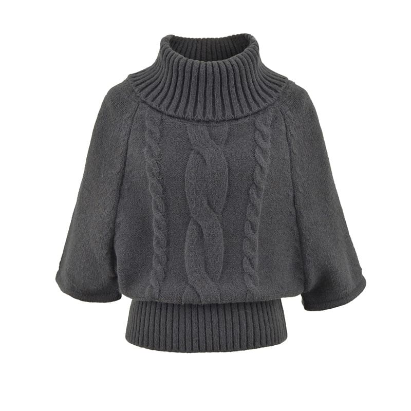 Solid Cable-Knit Sweater with Turtleneck & Three-Quarter Sleeves, Cozy Pullover